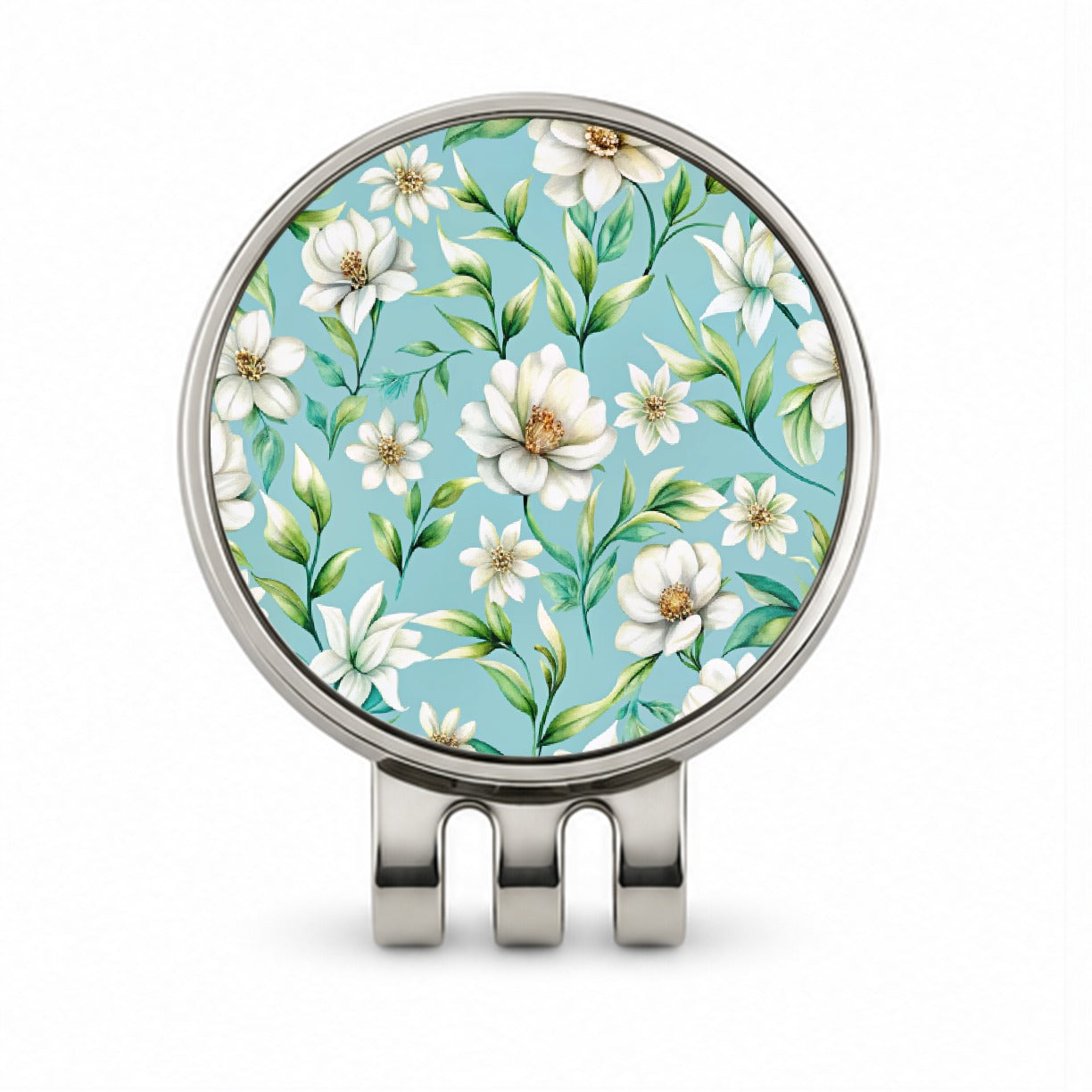 White Flowers Light Blue Background Golf Hat Clip with Ball Marker
