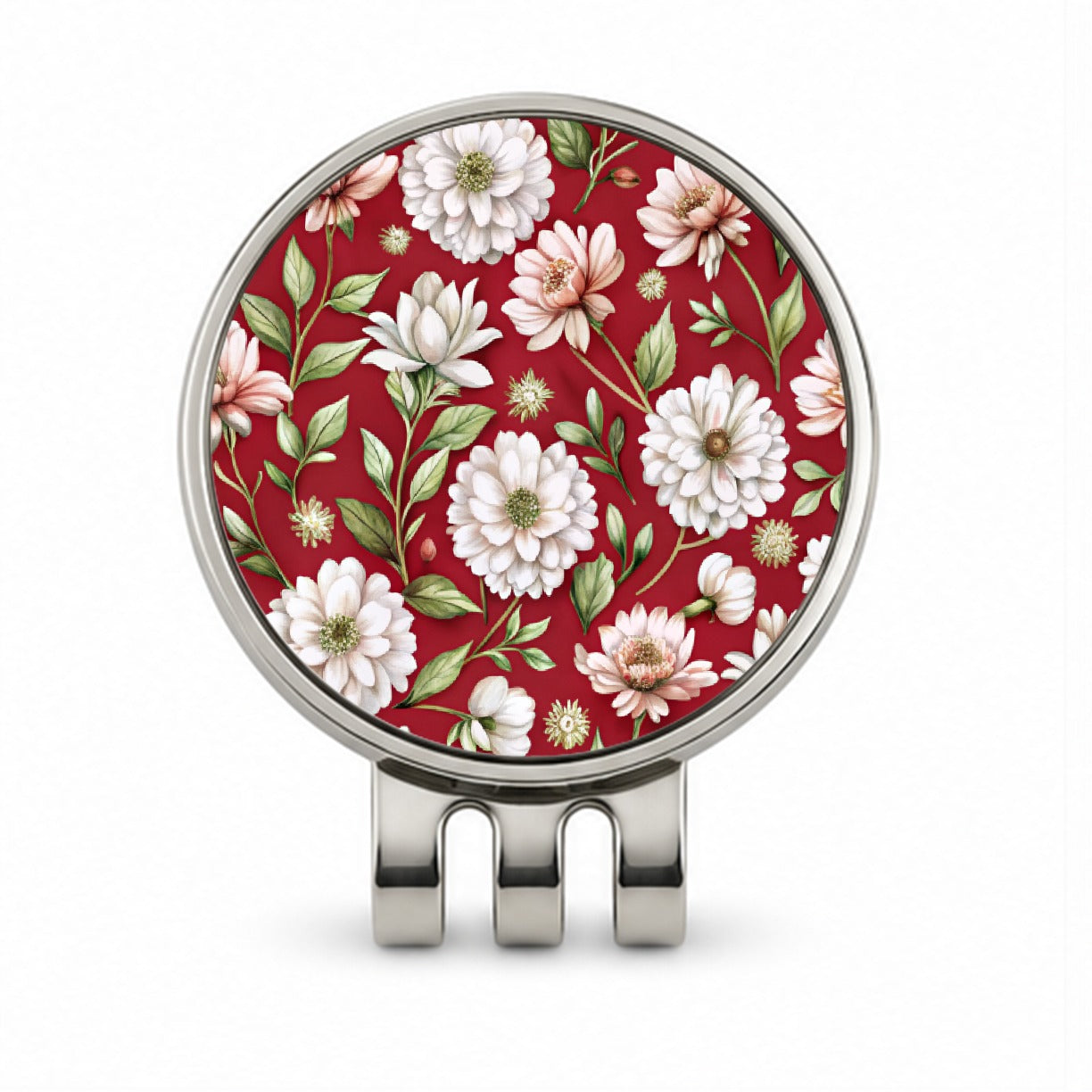 White Flowers Red Background Golf Hat Clip with Ball Marker