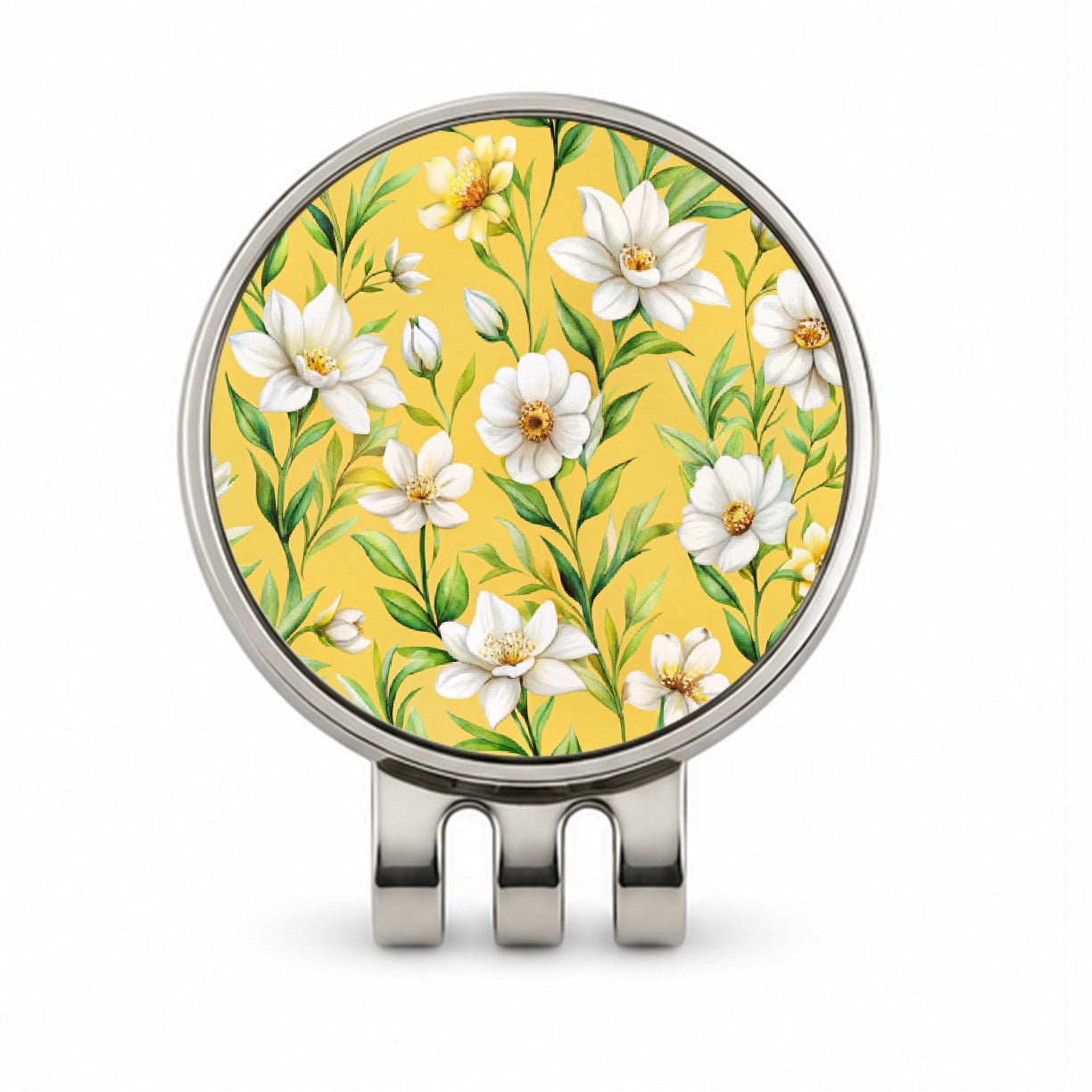 White Flowers Yellow Background Golf Hat Clip with Ball Marker