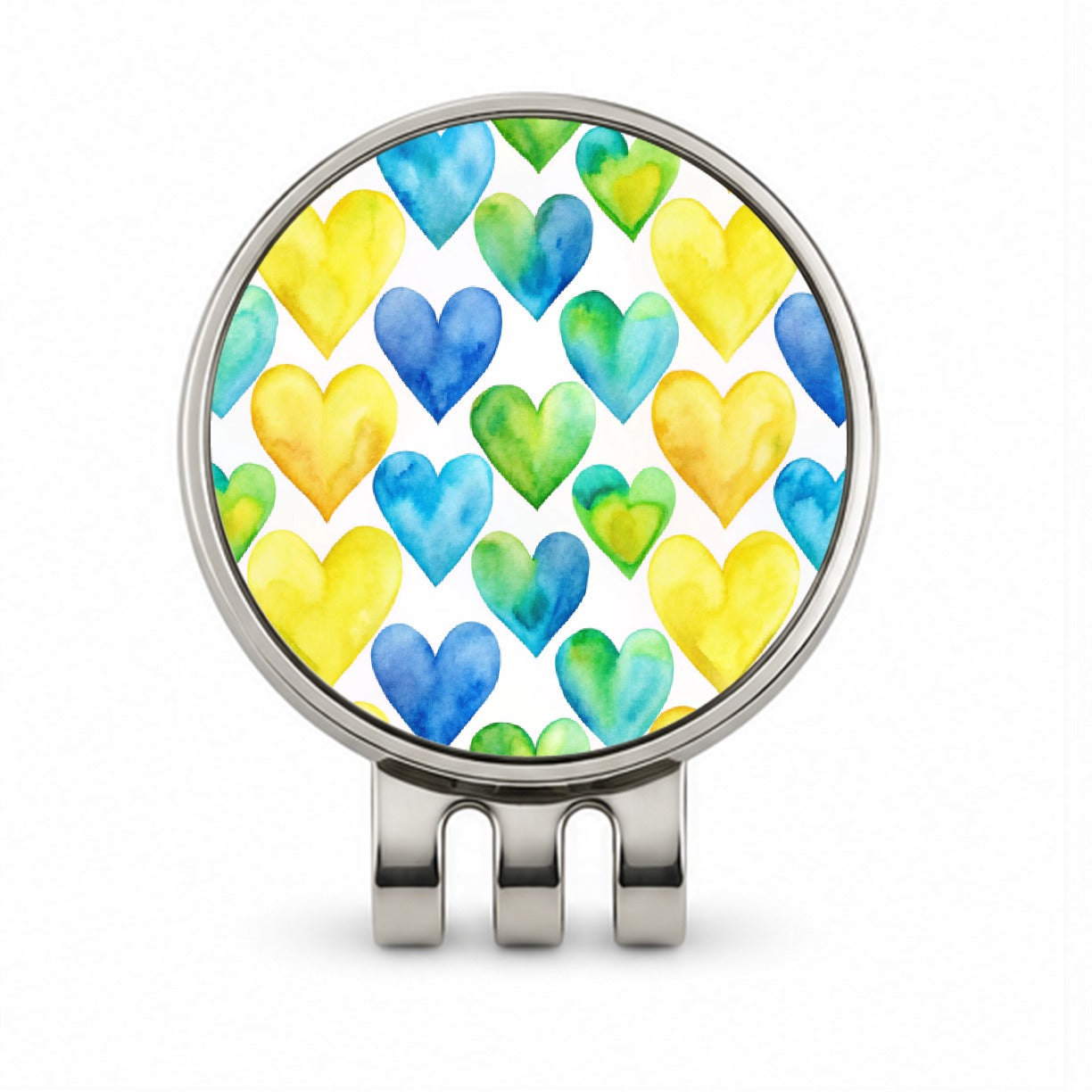 Yellow Blue Green Hearts Watercolor Golf Hat Clip with Ball Marker