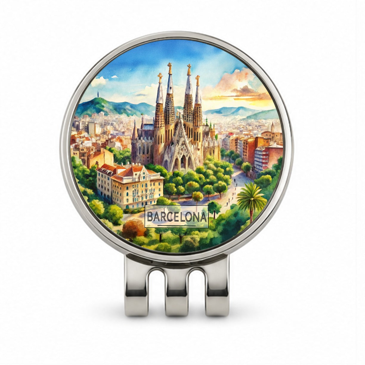 Barcelona Spain Travel City Watercolor Golf Hat Clip with Ball Marker