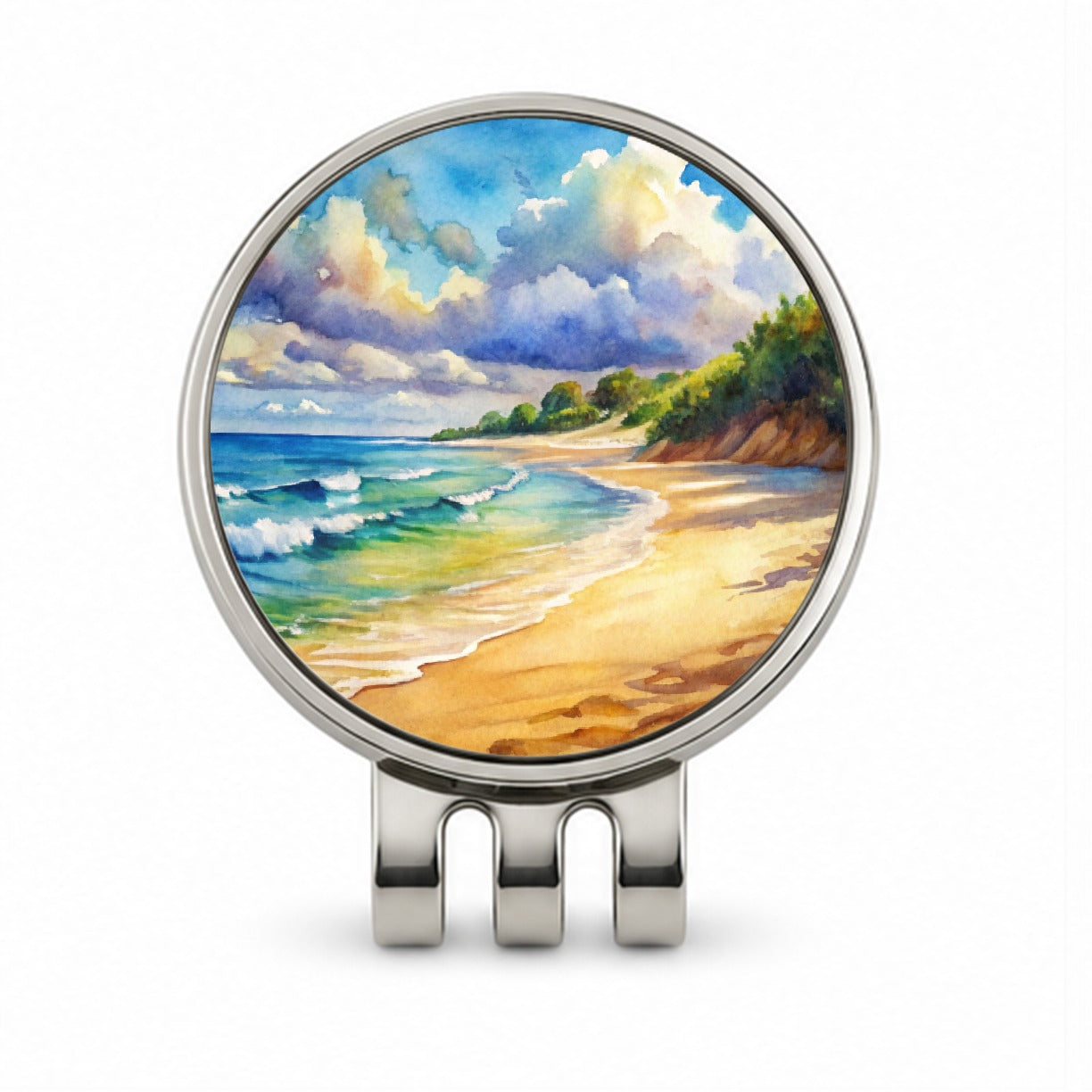 Beautiful Sandy Beach Watercolor Golf Hat Clip with Ball Marker