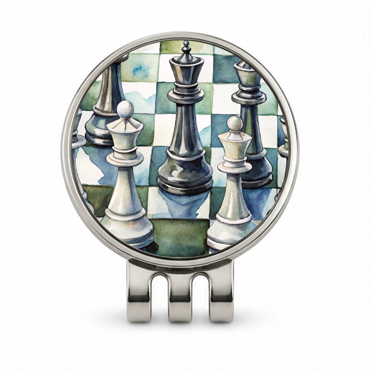 Black White Chess Pieces Watercolor Golf Hat Clip with Ball Marker