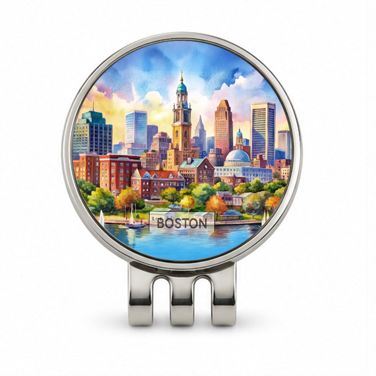 Boston Massachusetts Travel City Watercolor Golf Hat Clip with Ball Marker