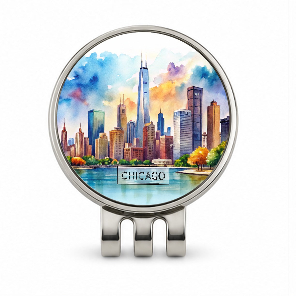 Chicago Illinois Travel City Watercolor Golf Hat Clip with Ball Marker