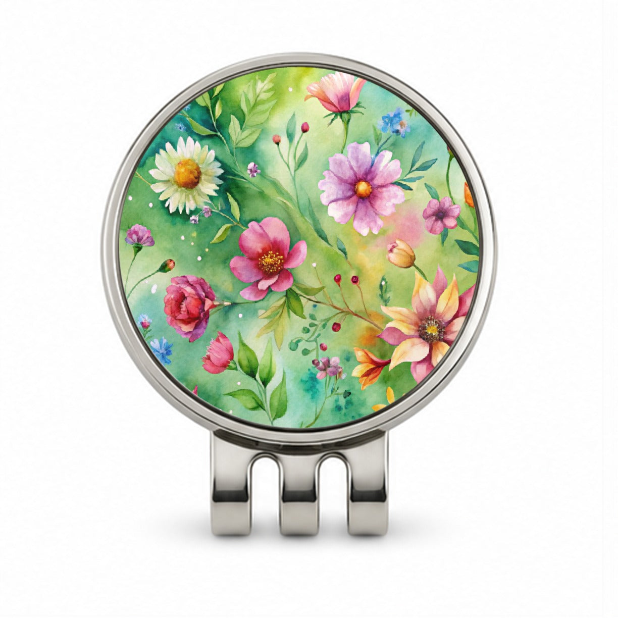 Flowers Green Background Watercolor Golf Hat Clip with Ball Marker
