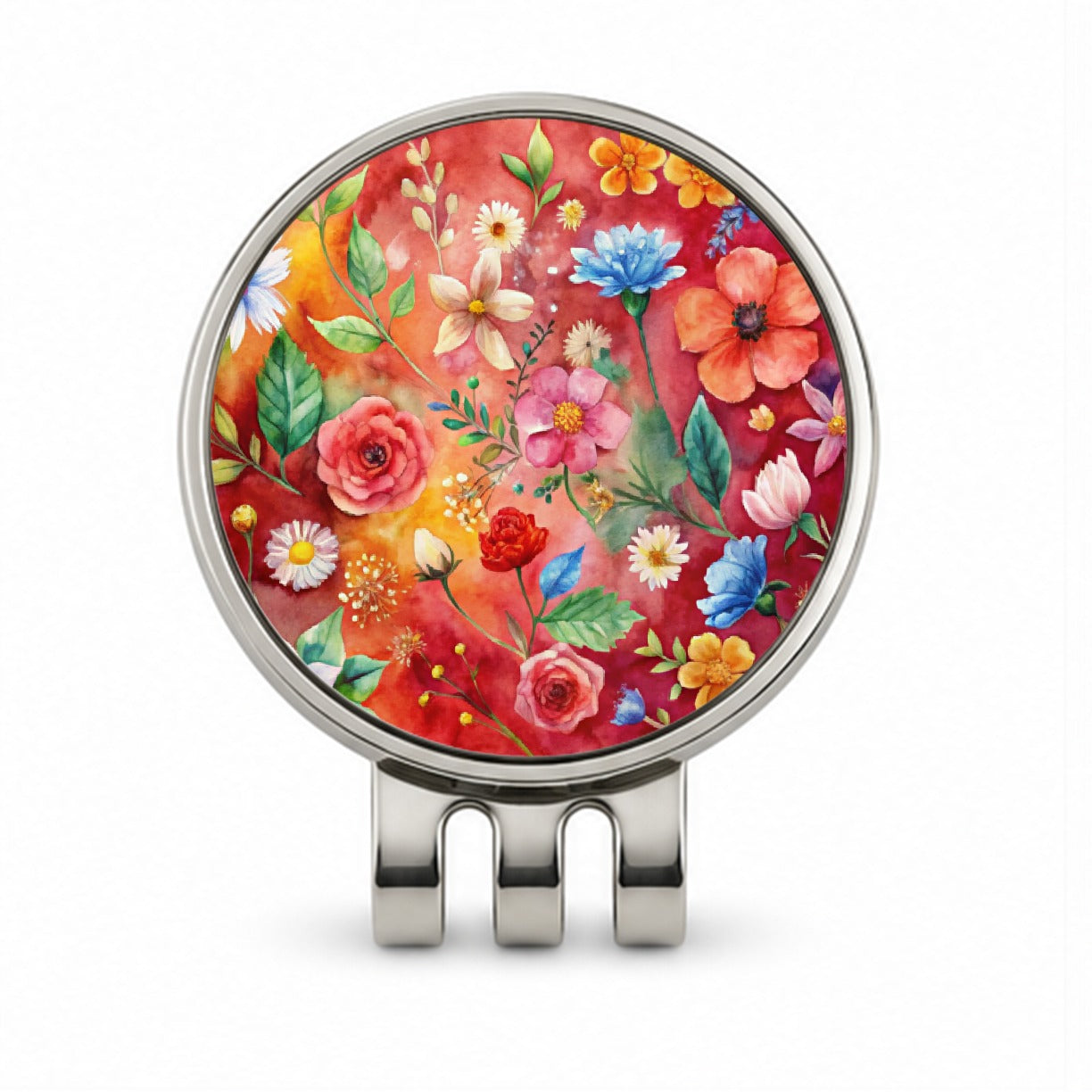 Flowers Red Background Watercolor Golf Hat Clip with Ball Marker
