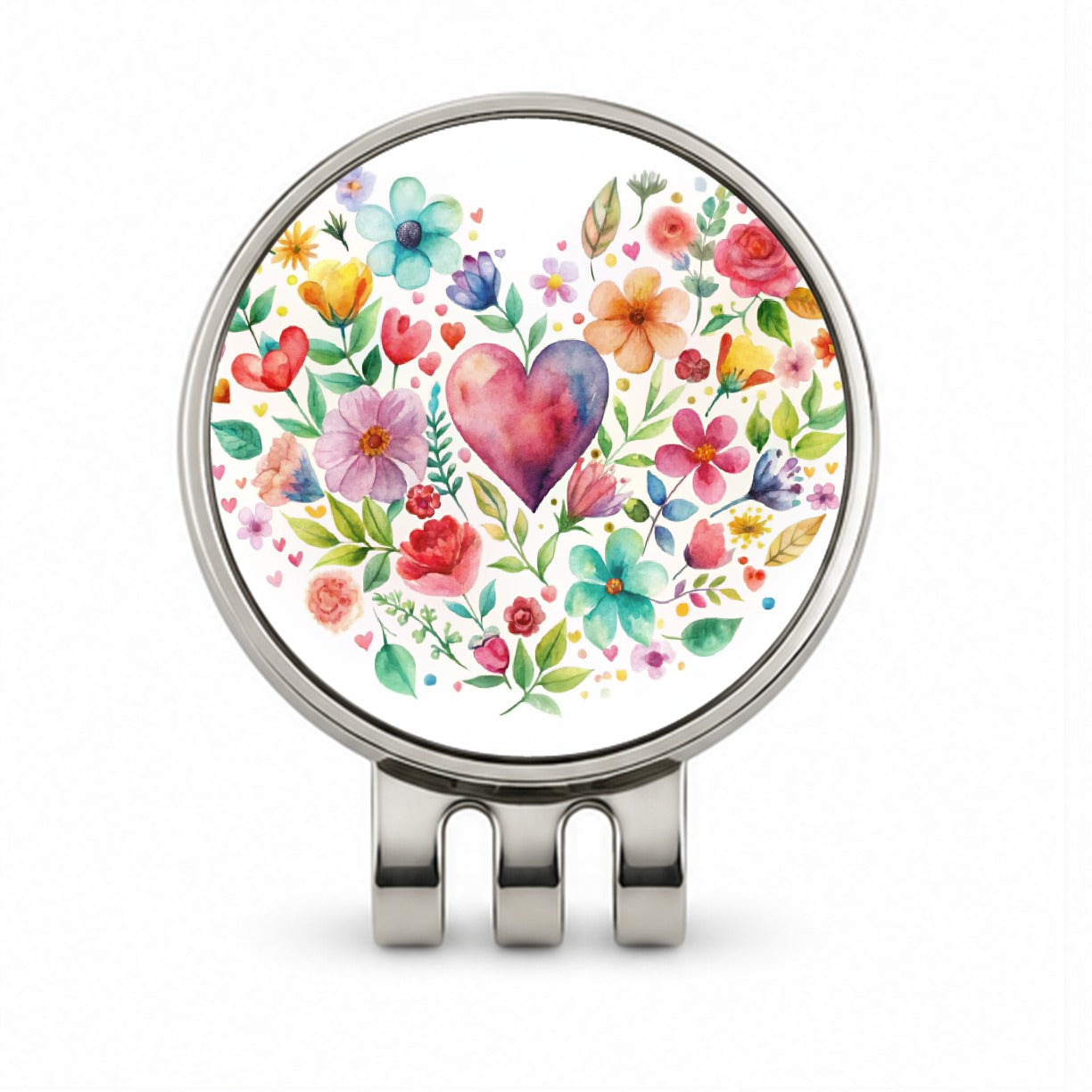 Hearts Flowers Watercolor Golf Hat Clip with Ball Marker