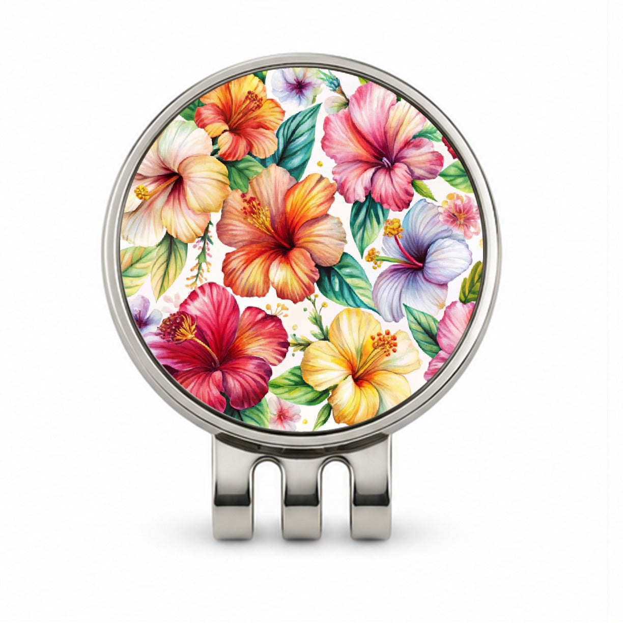 Hibiscus Tropical Flowers Watercolor Golf Hat Clip with Ball Marker