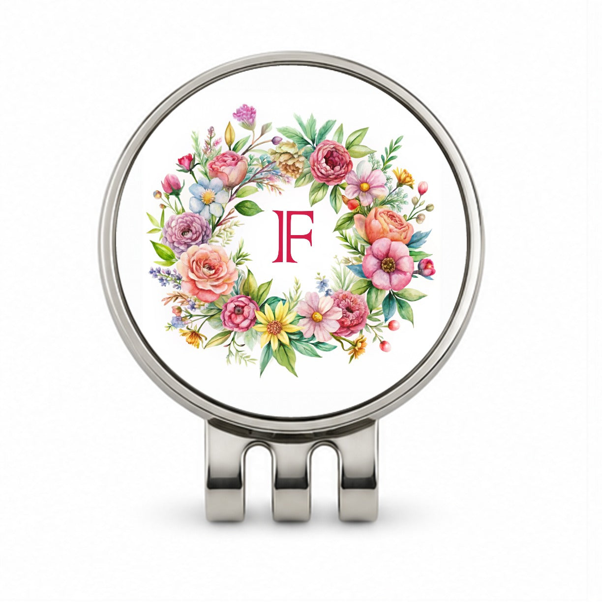 Letter F Initial Monogram Flowers Floral Golf Hat Clip with Ball Marker