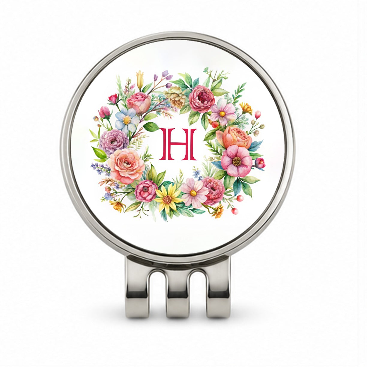 Letter H Initial Monogram Flowers Floral Golf Hat Clip with Ball Marker