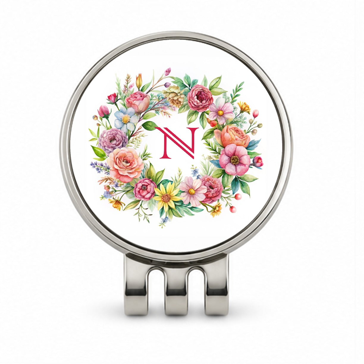 Letter N Initial Monogram Flowers Floral Golf Hat Clip with Ball Marker