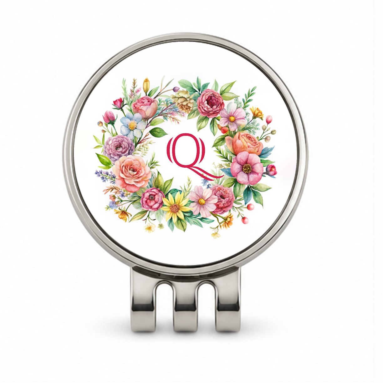 Letter Q Initial Monogram Flowers Floral Golf Hat Clip with Ball Marker