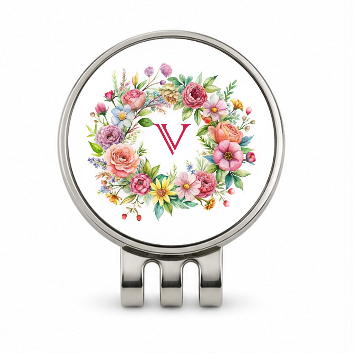 Letter V Initial Monogram Flowers Floral Golf Hat Clip with Ball Marker