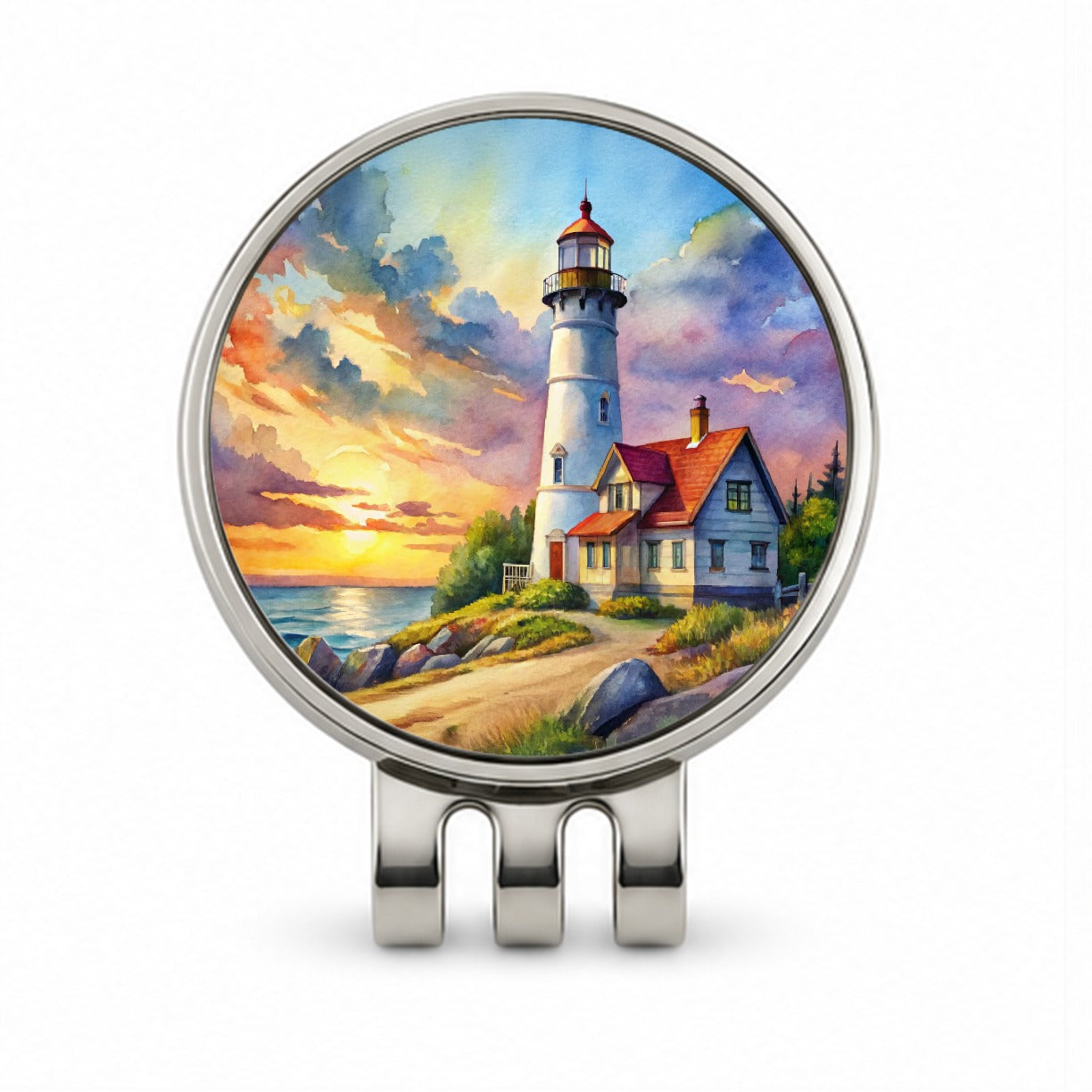 Lighthouse Beautiful Sky Watercolor Golf Hat Clip with Ball Marker