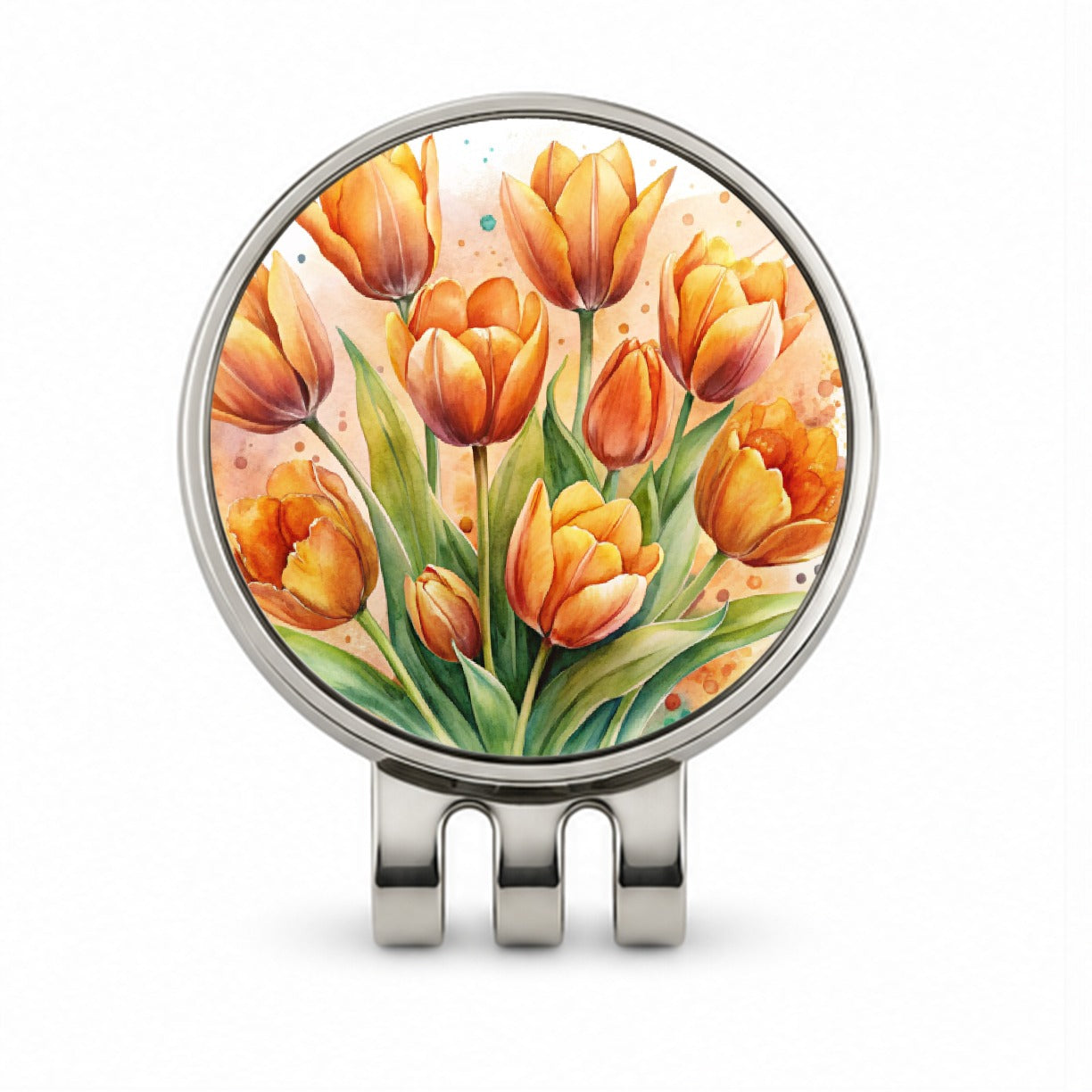 Orange Tulips Flowers Watercolor Golf Hat Clip with Ball Marker