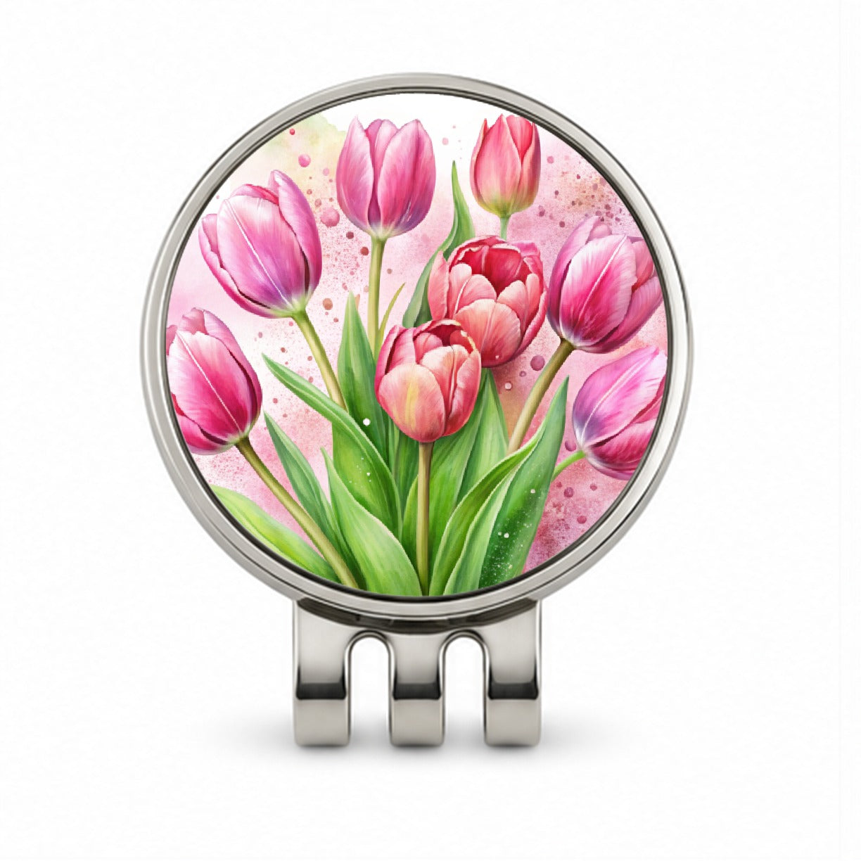 Pink Tulips Flowers Watercolor Golf Hat Clip with Ball Marker