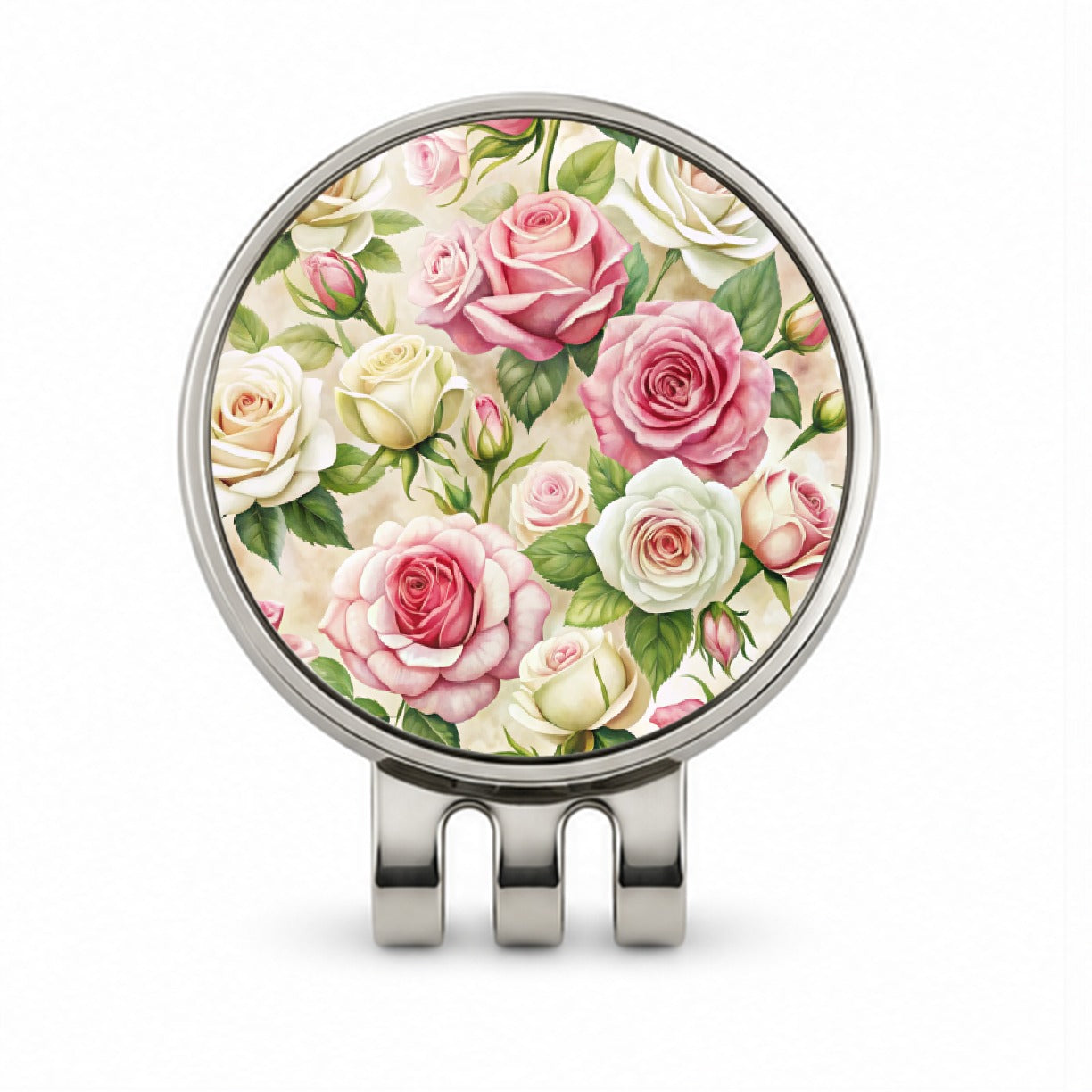 Pink White Roses Flowers Watercolor Golf Hat Clip with Ball Marker