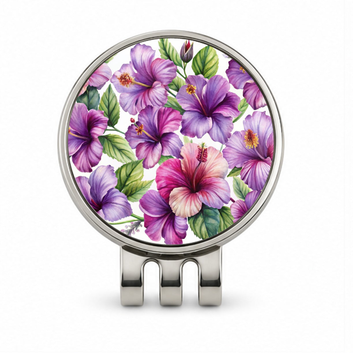 Purple Hibiscus Flowers Watercolor Golf Hat Clip with Ball Marker