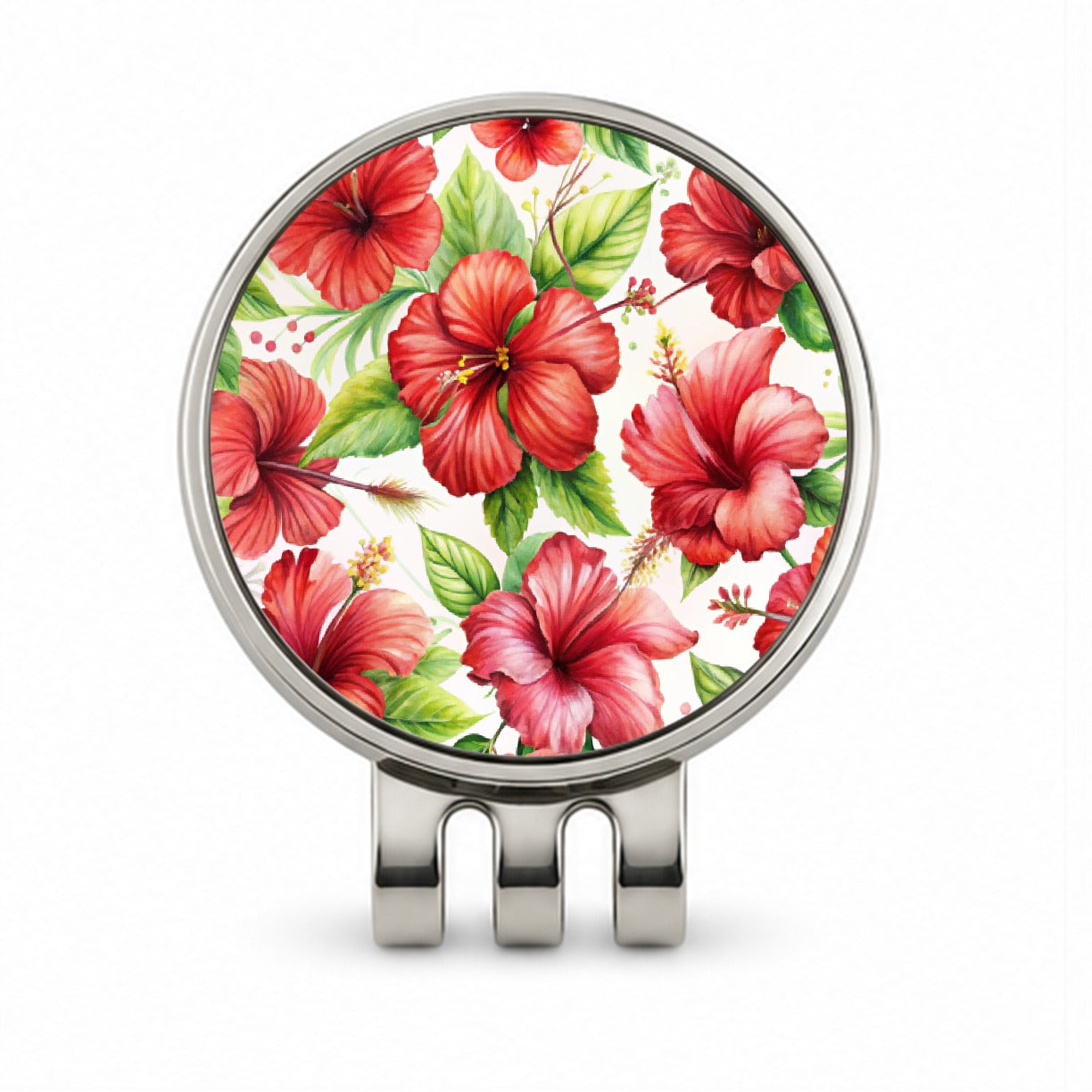 Red Hibiscus Flowers Watercolor Golf Hat Clip with Ball Marker