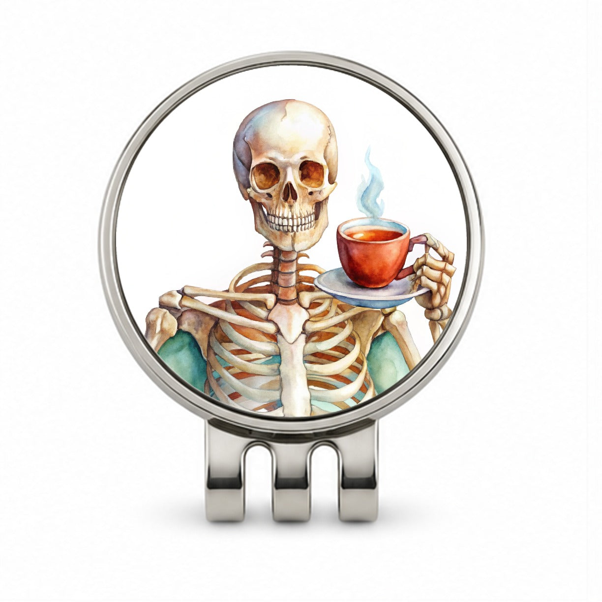 Skeleton Drinking Tea Watercolor Golf Hat Clip with Ball Marker