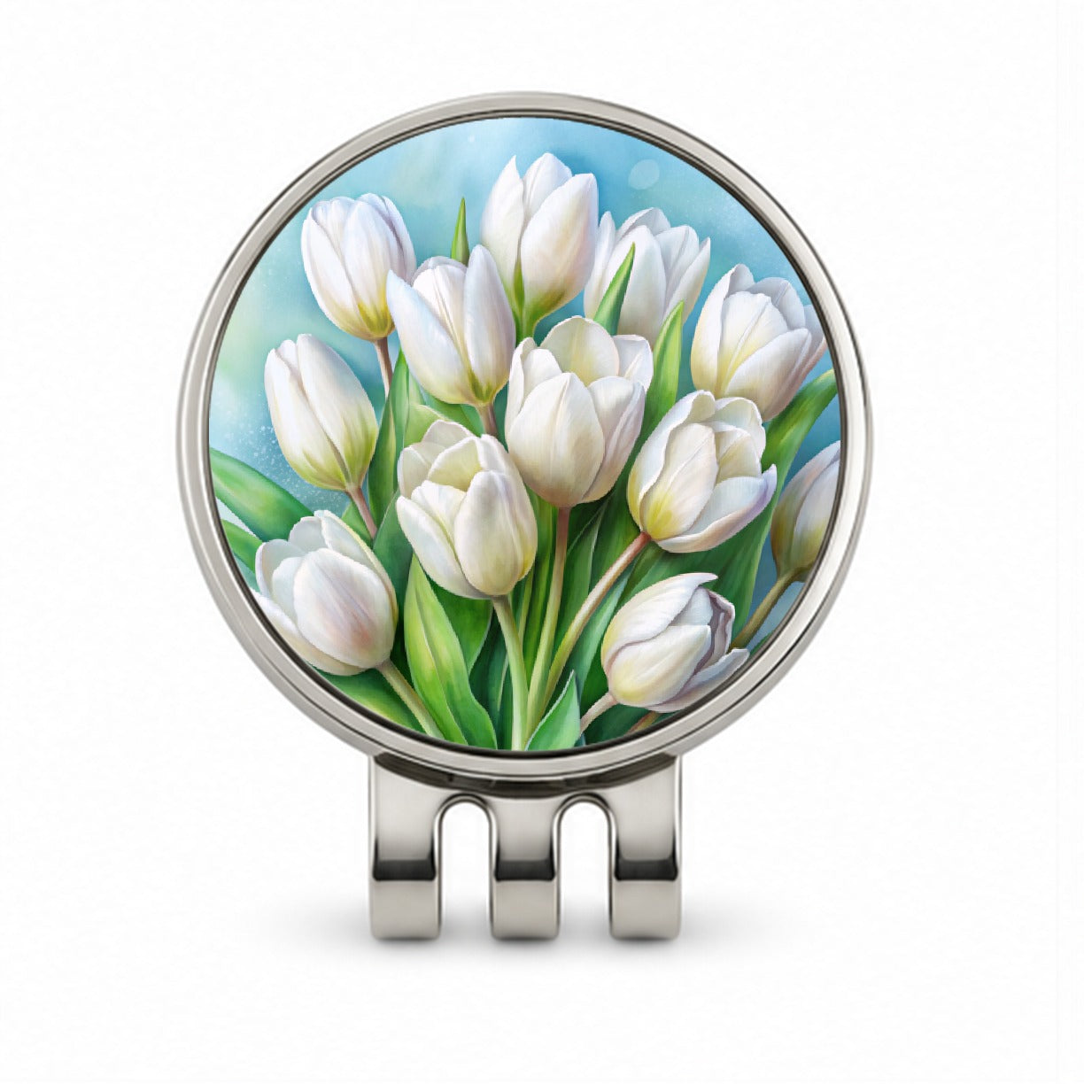 White Tulips Flowers Watercolor Golf Hat Clip with Ball Marker