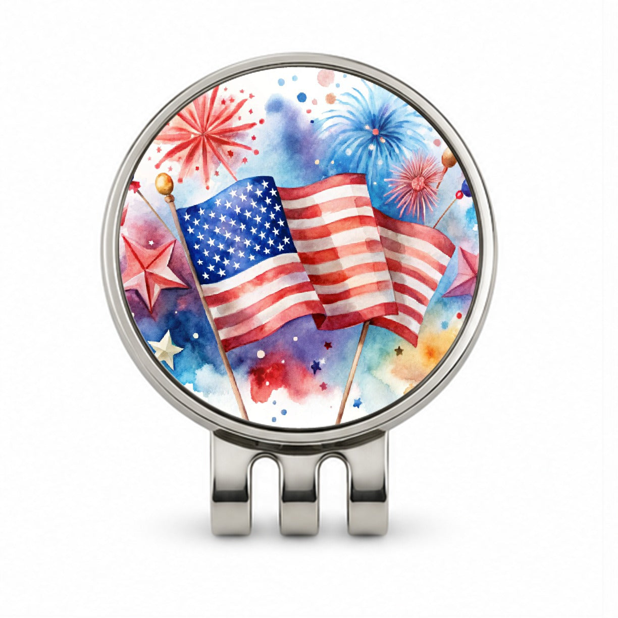 4th Of July Patriotic Independence Day Watercolor Golf Hat Clip with Ball Marker