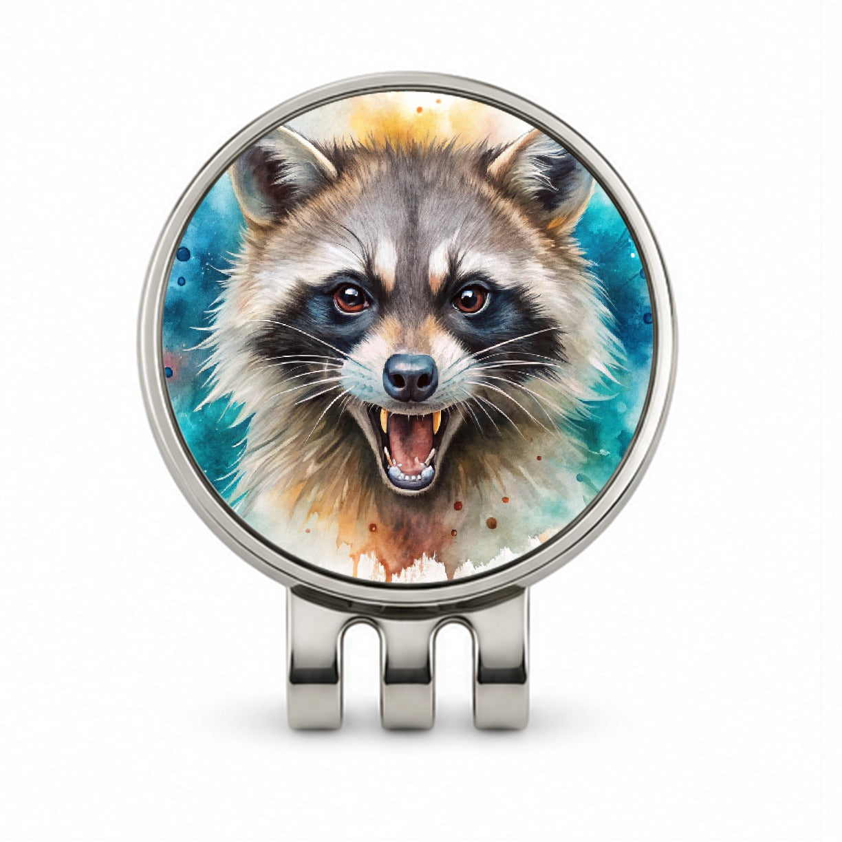 Angry Mad Raccoon Watercolor Golf Hat Clip with Ball Marker