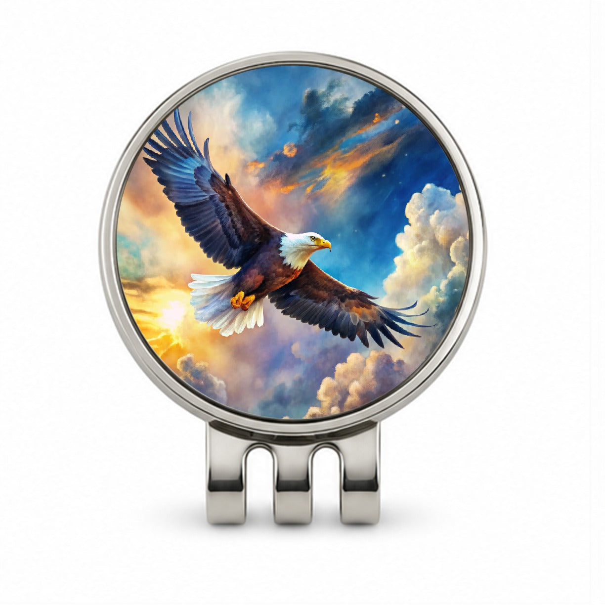 Bald Eagle Flying In Sky Clouds Watercolor Golf Hat Clip with Ball Marker