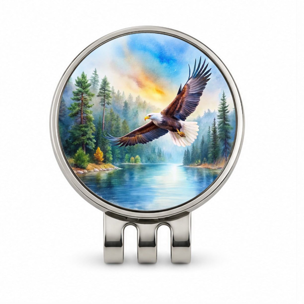 Bald Eagle Flying With Forest Lake Watercolor Golf Hat Clip with Ball Marker