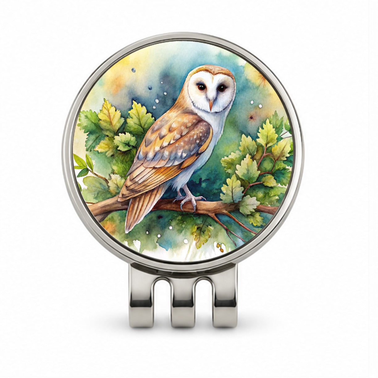 Barn Owl In Tree Watercolor Golf Hat Clip with Ball Marker