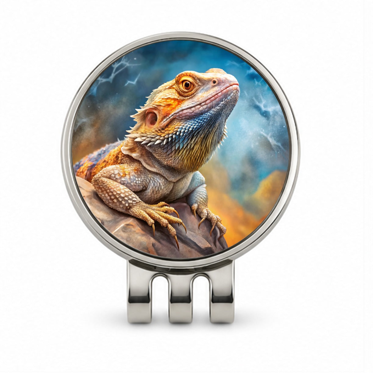 Bearded Dragon Lizard On Rock Stormy Scene Reptile Watercolor Golf Hat Clip with Ball Marker