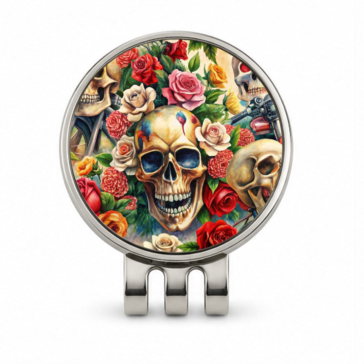 Biker Skulls And Roses Theme Watercolor Golf Hat Clip with Ball Marker