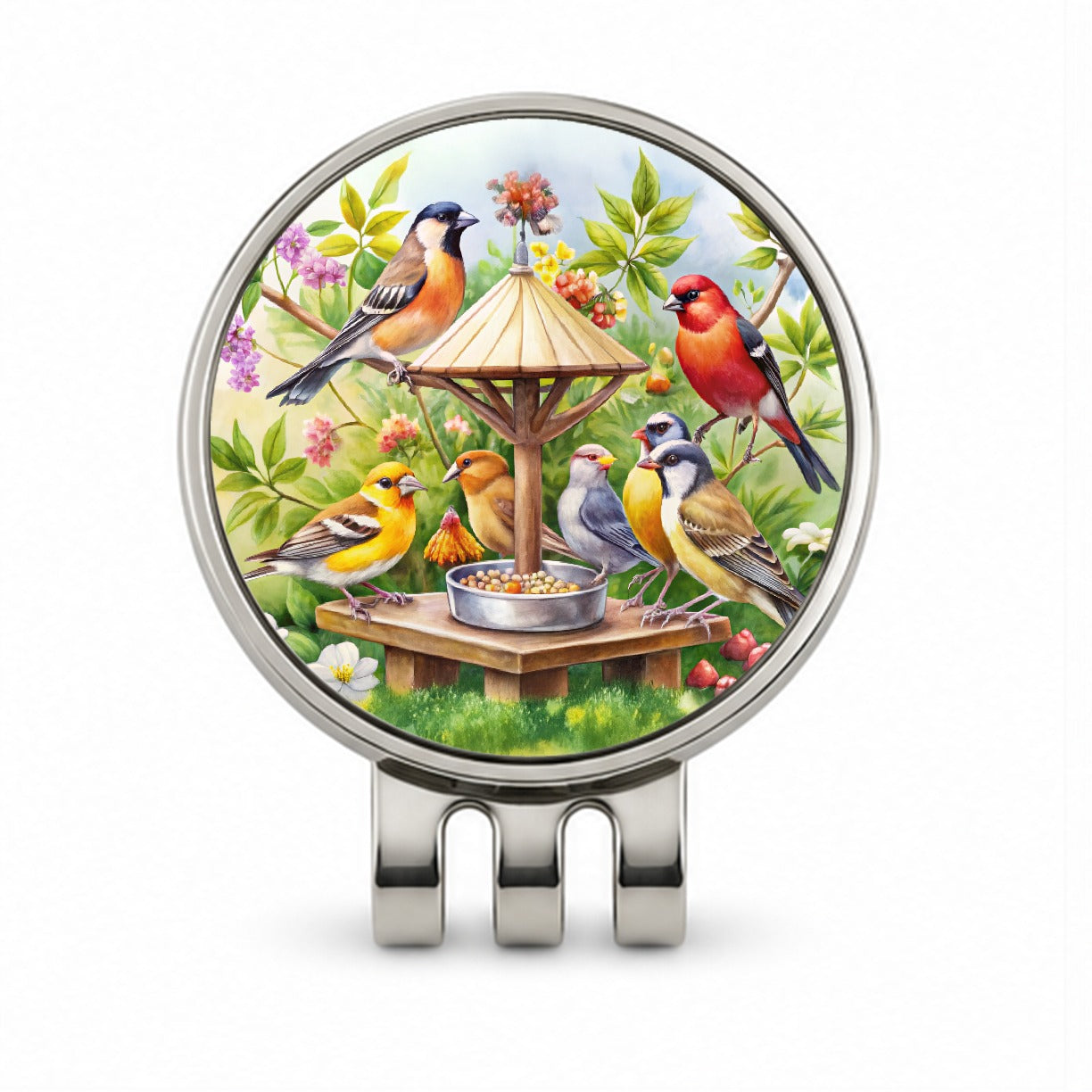 Birds At Feeder Watercolor Golf Hat Clip with Ball Marker