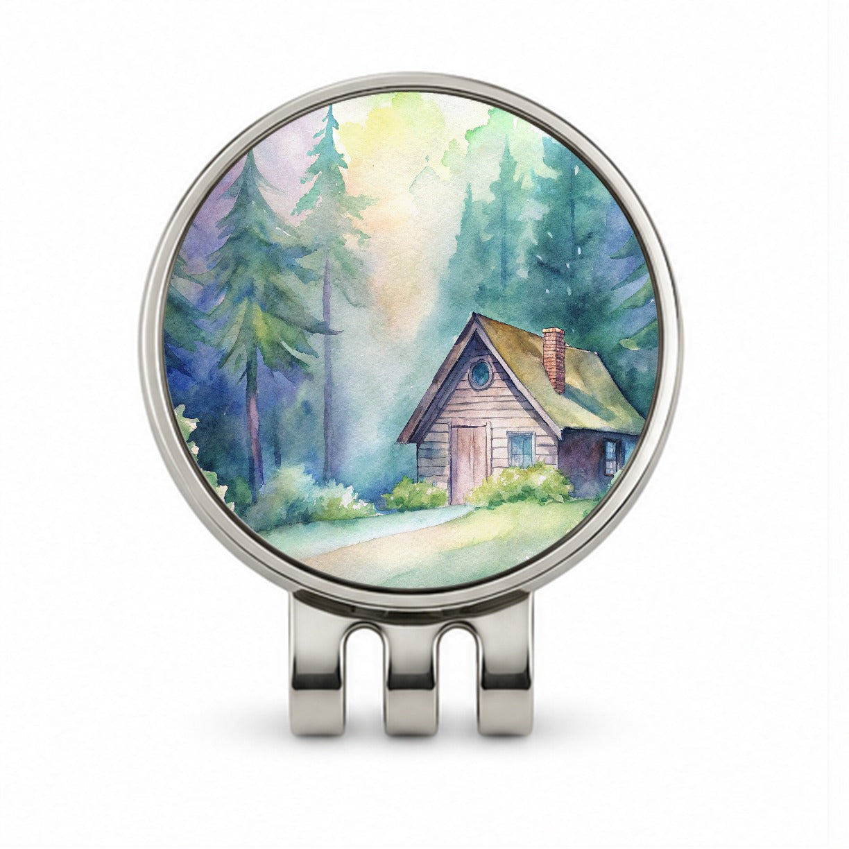 Cabin In The Forest Woods Watercolor Golf Hat Clip with Ball Marker