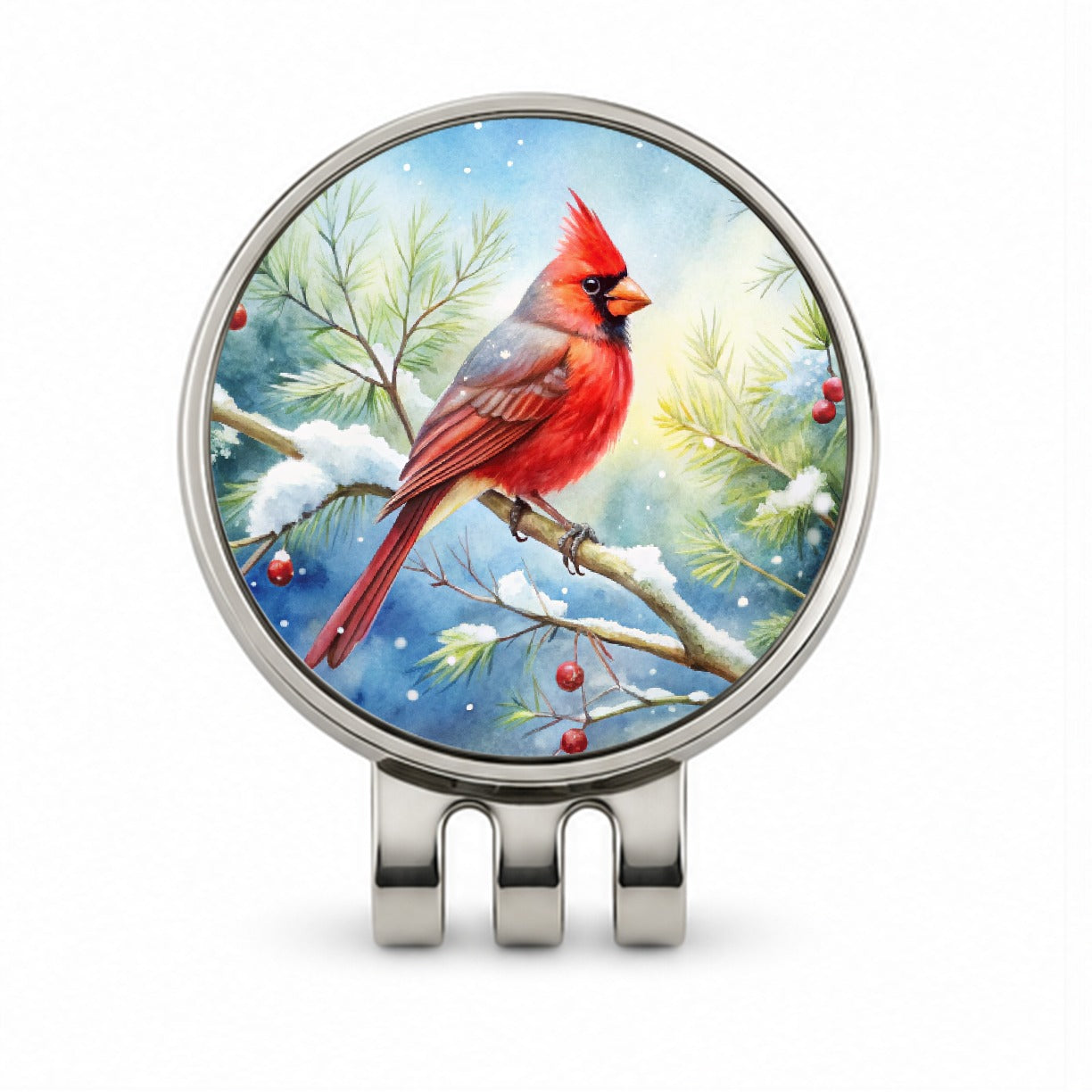 Cardinal In Snowy Tree Winter Watercolor Christmas Golf Hat Clip with Ball Marker