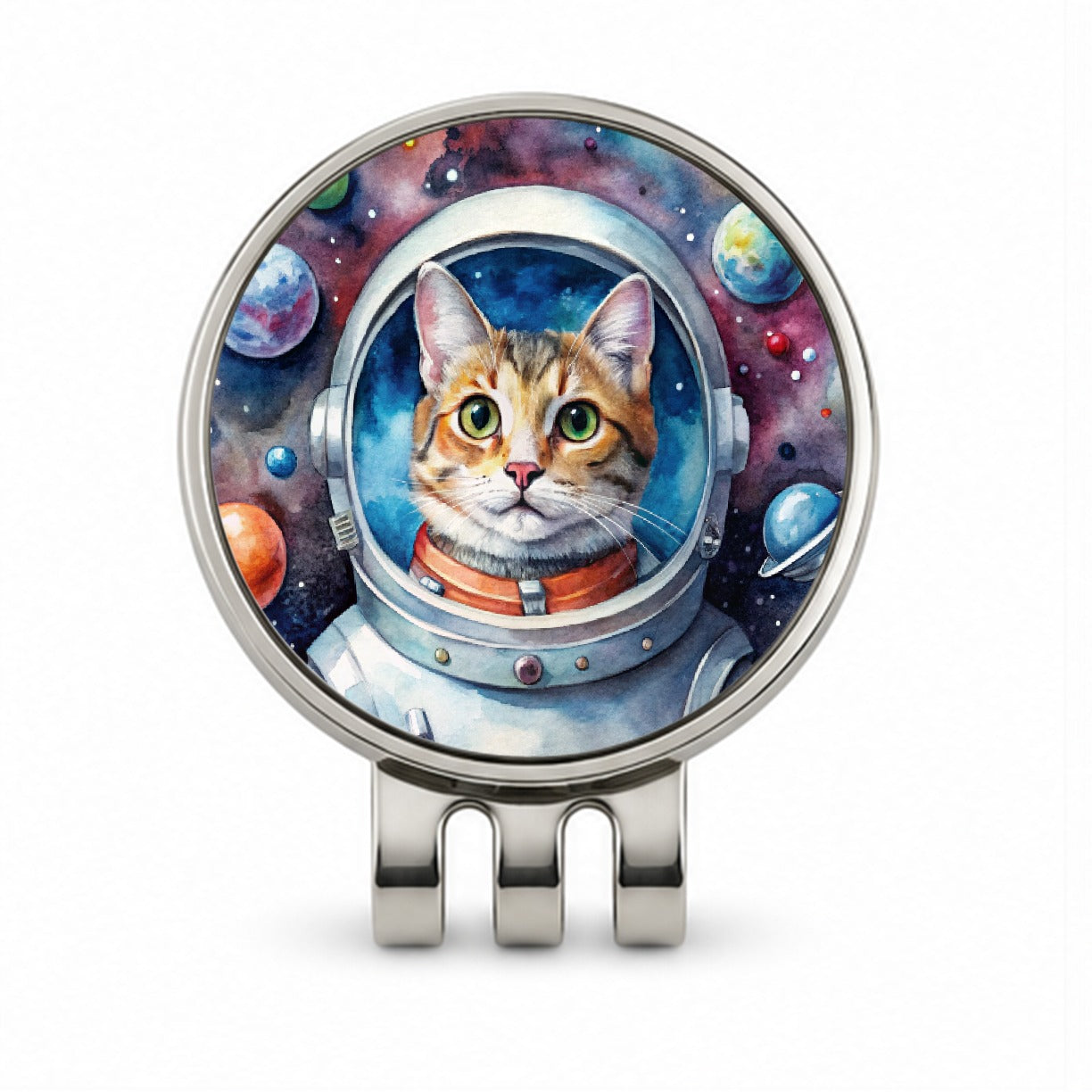 Cat In Space Funny Tabby Watercolor Golf Hat Clip with Ball Marker