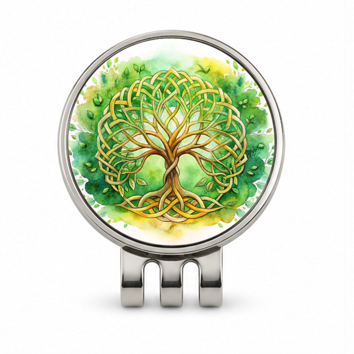 Celtic Irish Tree Of Life Knots Green And Golden Watercolor Golf Hat Clip with Ball Marker