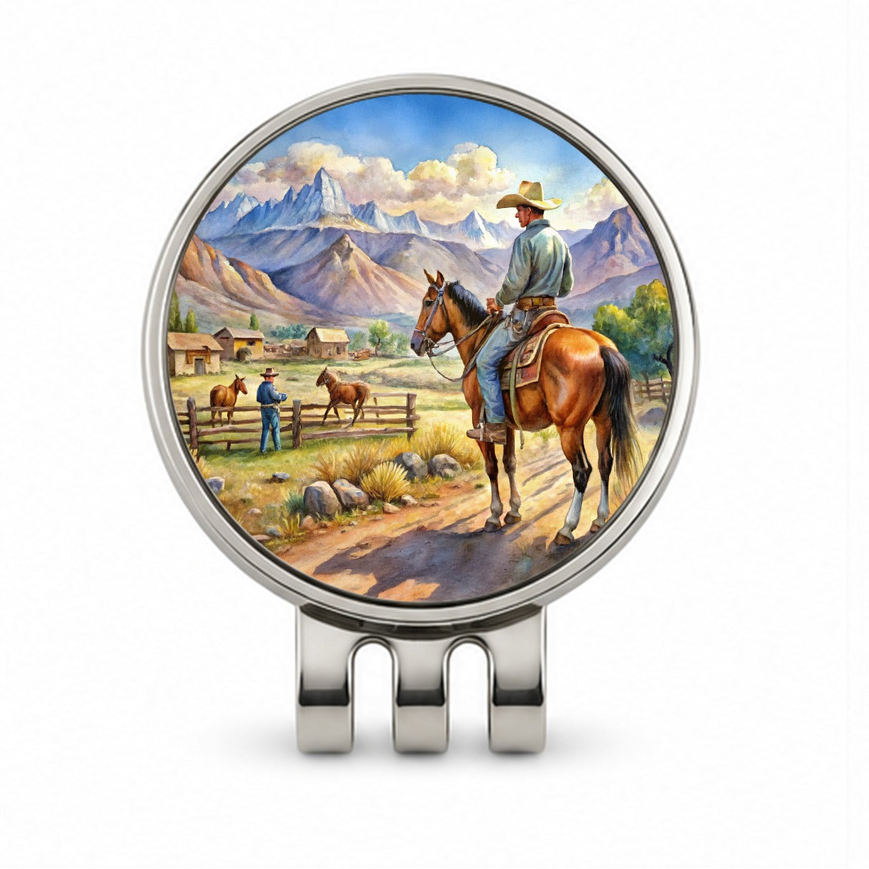 Cowboys Western Ranch Scene Watercolor Golf Hat Clip with Ball Marker