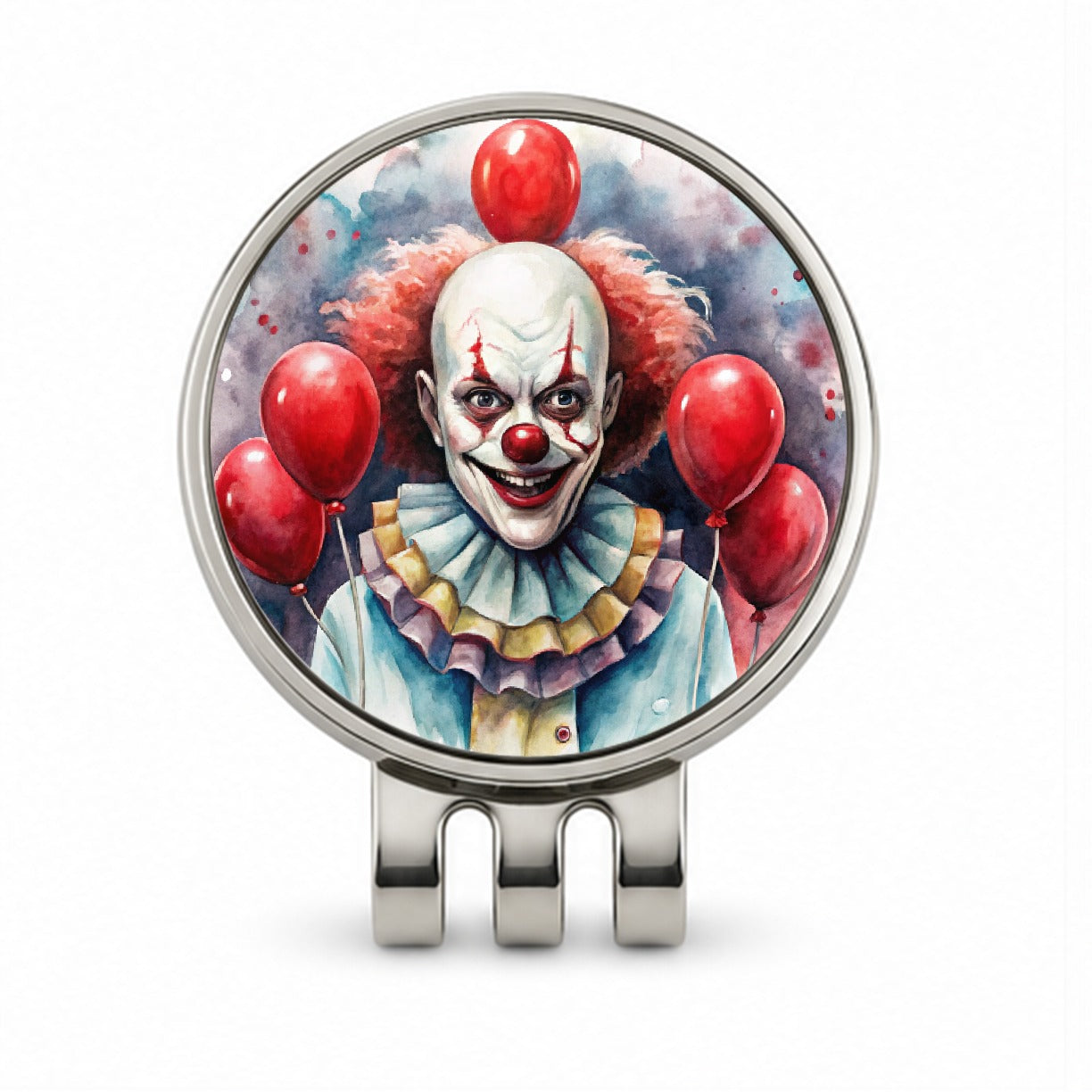 Creepy Scary Evil Clown With Red Balloons Watercolor Golf Hat Clip with Ball Marker