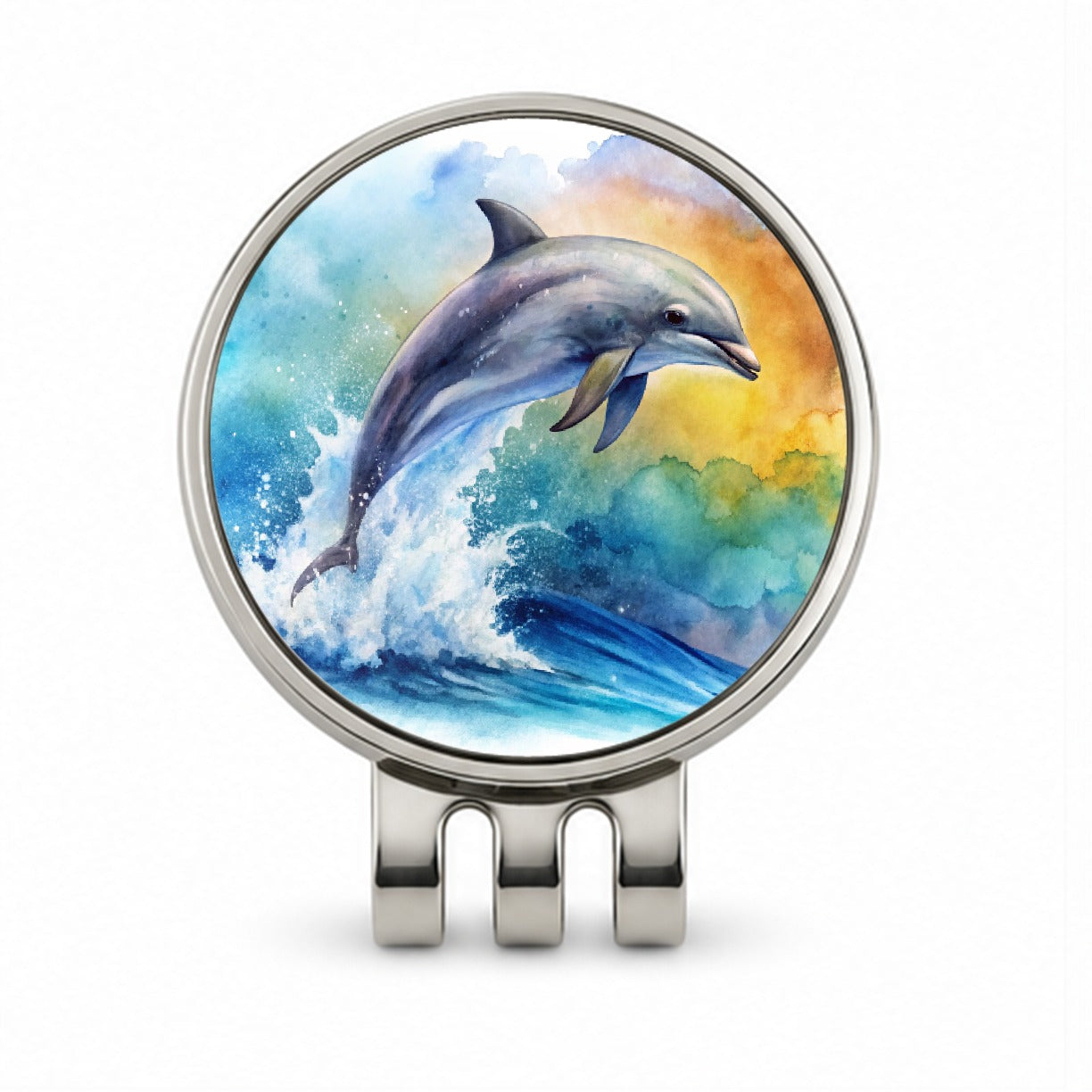 Dolphin Jumping In Ocean Watercolor Golf Hat Clip with Ball Marker