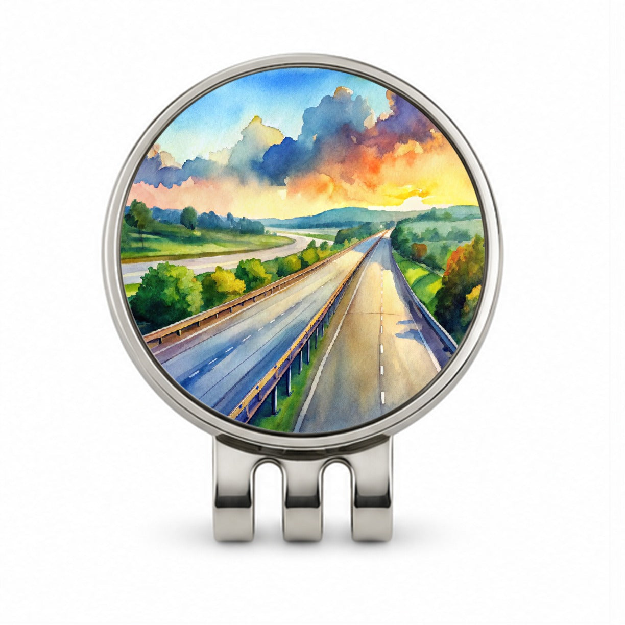Empty Highway Stretching Into The Distance Watercolor Golf Hat Clip with Ball Marker