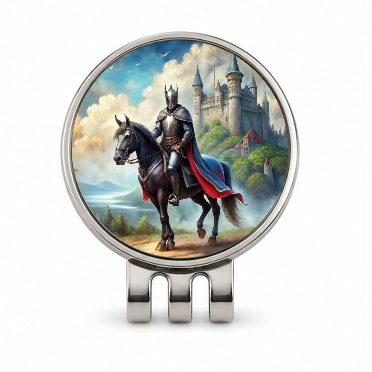 Fantasy Black Knight Astride Horse Outside Castle Watercolor Golf Hat Clip with Ball Marker