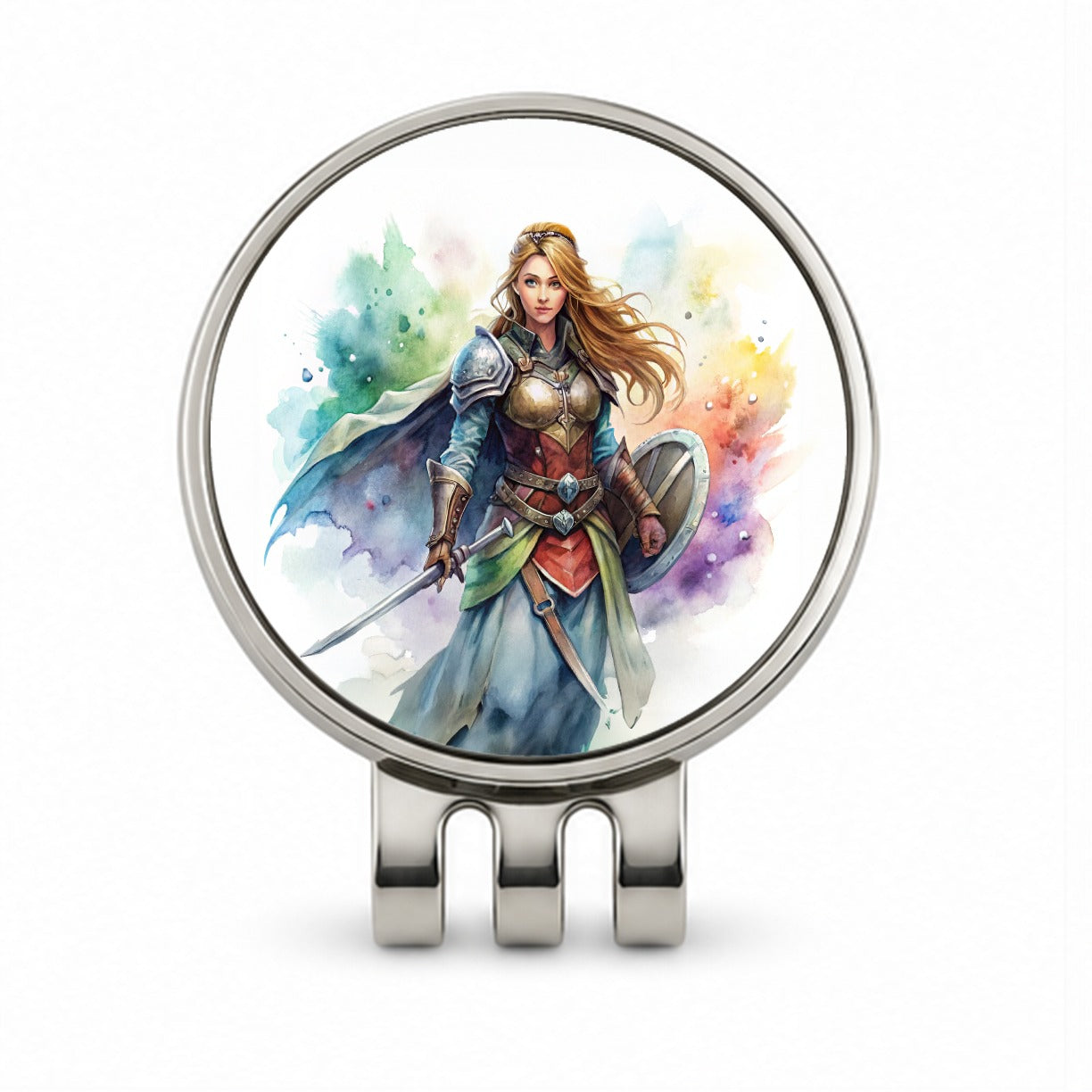 Fantasy Female Fighter Sword Shield-maiden Watercolor Golf Hat Clip with Ball Marker