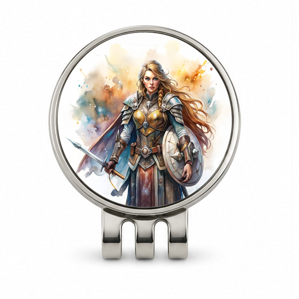 Fantasy Female Warrior Paladin Watercolor Golf Hat Clip with Ball Marker