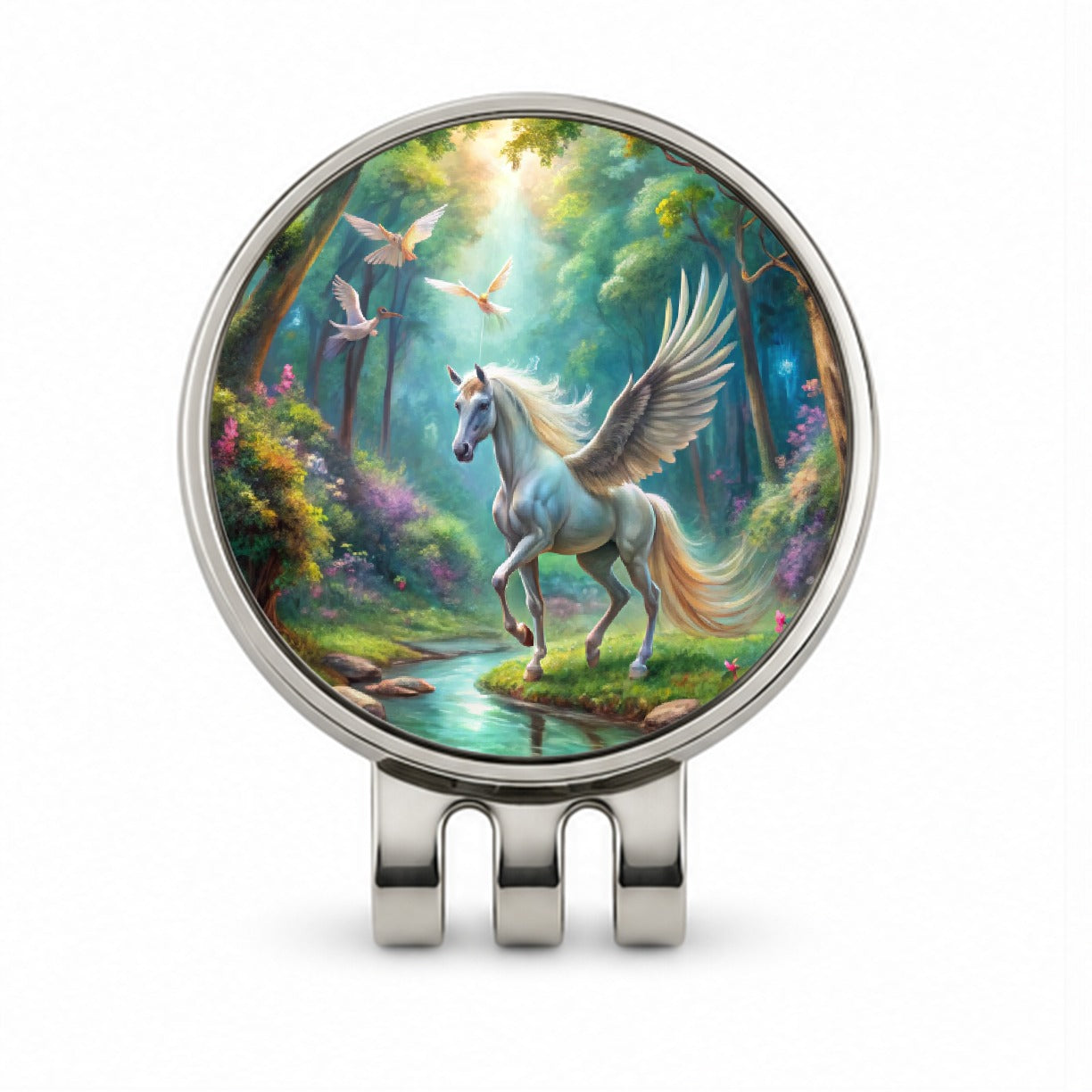 Fantasy Forest With Pegasus Winged-stallion Watercolor Golf Hat Clip with Ball Marker