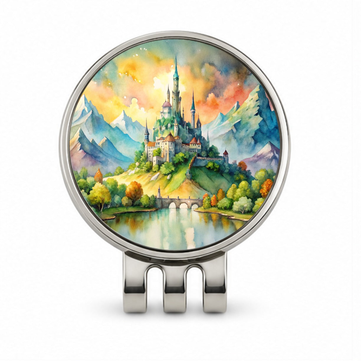 Fantasy Magical Castle On A Hill Watercolor Golf Hat Clip with Ball Marker