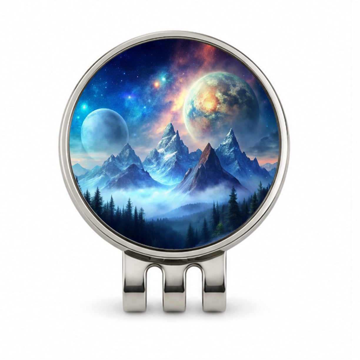 Fantasy Sci-fi World Moons Rising Over Mountains Watercolor Golf Hat Clip with Ball Marker