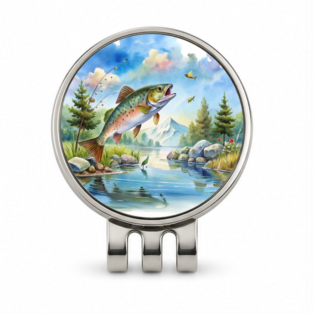 Fish Jumping Stream Lake Fishing Watercolor Golf Hat Clip with Ball Marker