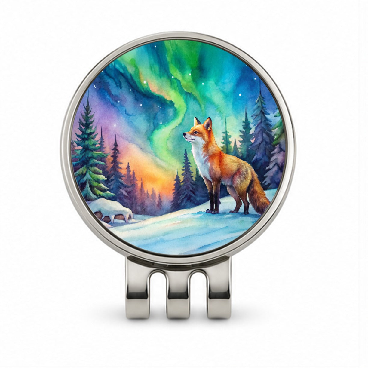 Fox And Northern Lights Watercolor Golf Hat Clip with Ball Marker